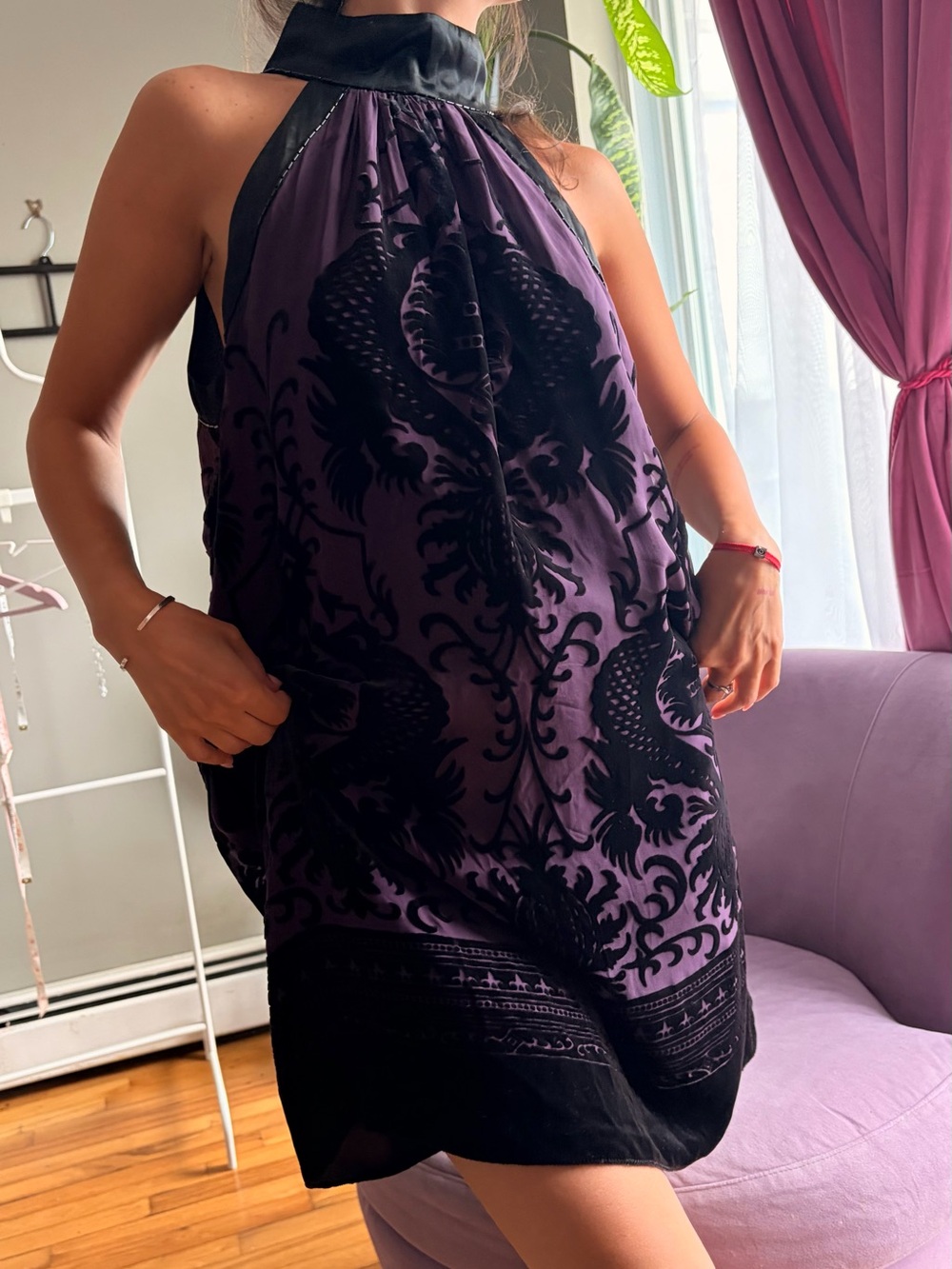 Free People Purple Halter Mini Dress with Black Velvet Dragon Motif